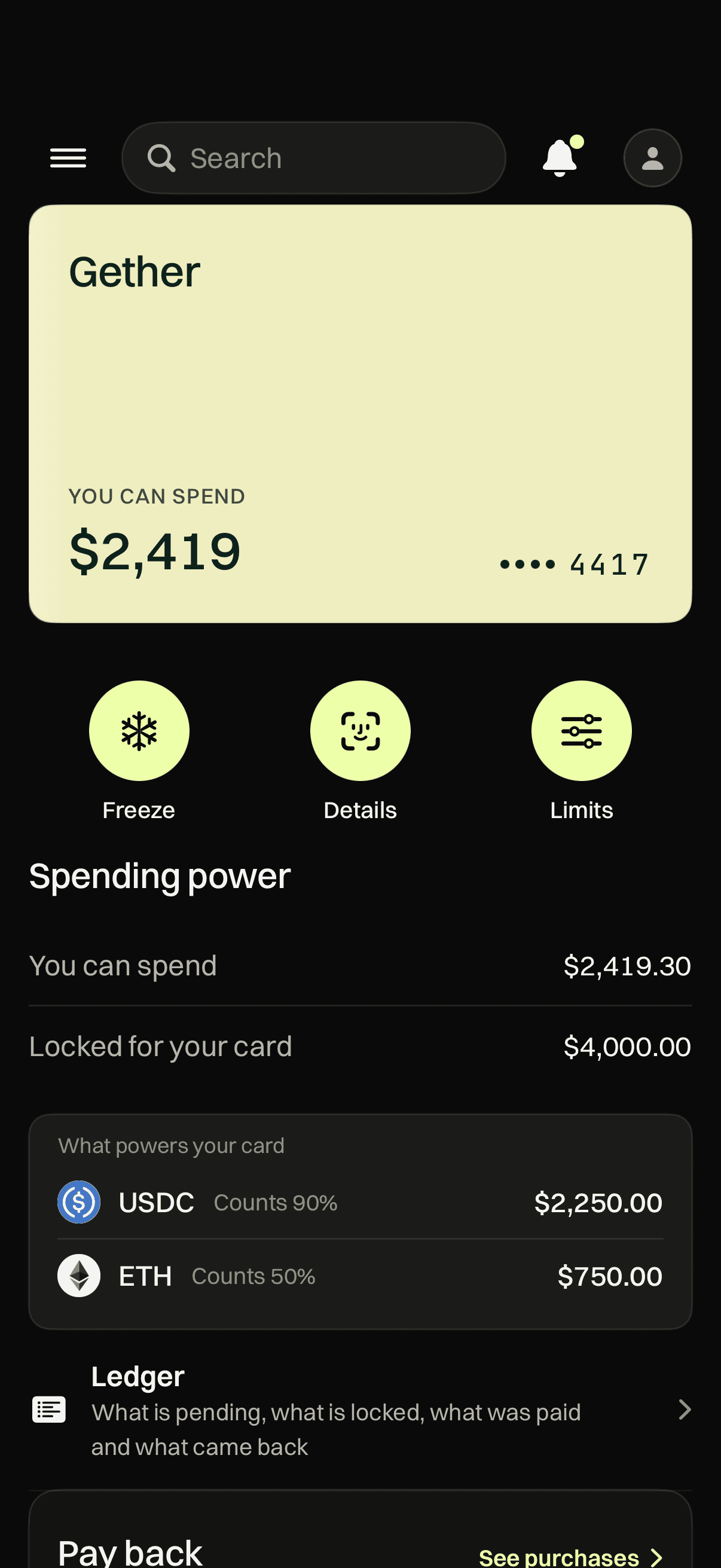 The Gether app on Card: the cream Gether card with what you can spend and the last four digits, Freeze, Details and Limits, the spending power rows and what powers the card
